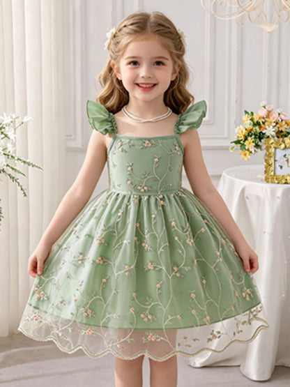 Girls’ Green Floral Tulle Princess Dress - Flutter Sleeve Puffy Skirt Summer Party Dress