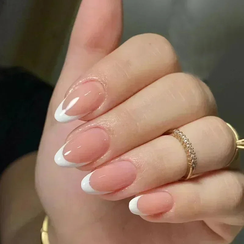 24Pcs French Press On Nails - Almond Fake Nail Tips with Glue, White Edge Design & Pink Stiletto Style Manicure Set