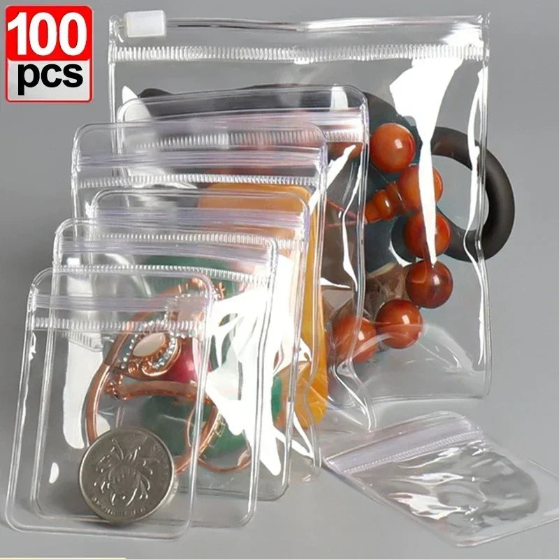 10/100pcs Thick PVC Jewelry Bags — Transparent Self-Sealing Pouches for Storage, Display & Anti-Oxidation Protection