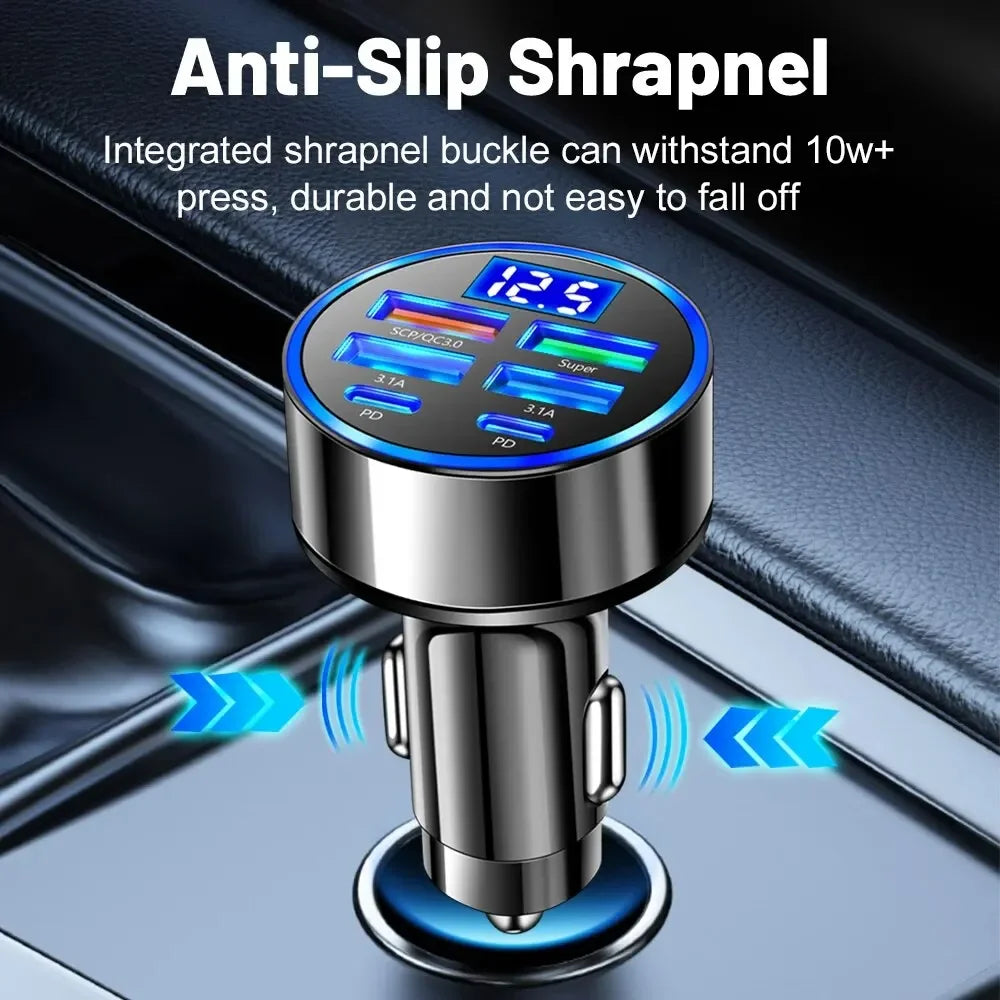 66-250W PD Car Charger – QC3.0 Fast Charge, 1-to-6 Cigarette Lighter Plug with Digital Display
