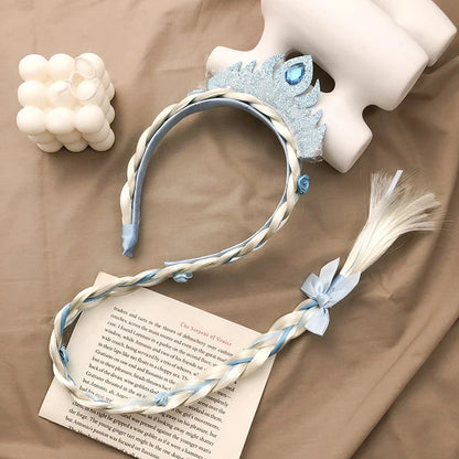 Girls Elsa Cosplay Headband - Snowflake Crown & Braid Hair Accessory, Princess Bow Hair Ornament
