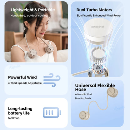 Portable Foldable Neck Fan – 1600mAh USB Rechargeable Personal Cooling Fan, Silent Mini Hands-Free Fan for Sports, Travel & Outdoor Use