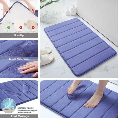 Non-Slip Grey Memory Foam Bath Mat Set – Soft, Water Absorbent, Quick-Drying, Machine Washable Bathroom Rugs for Home Floor