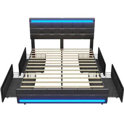 LED Full Size Bed Frame – Upholstered Platform Bed with Light-Up Headboard & Footboard, Square Stitched Tufted Design