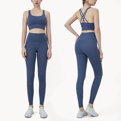 Summer 2 Piece Women's Yoga Tracksuit - Cross-Back Nylon Top and Leggings Athletic Set for Pilates and Fitness