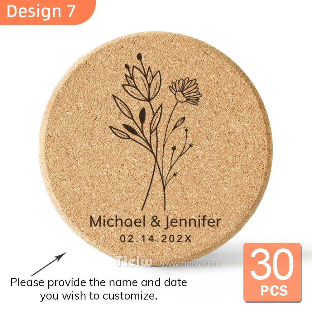 30-Piece Personalized Cork Coaster Set - Custom Tie Design Wedding Favors, Bridal Shower Gifts and Corporate Party Keepsakes
