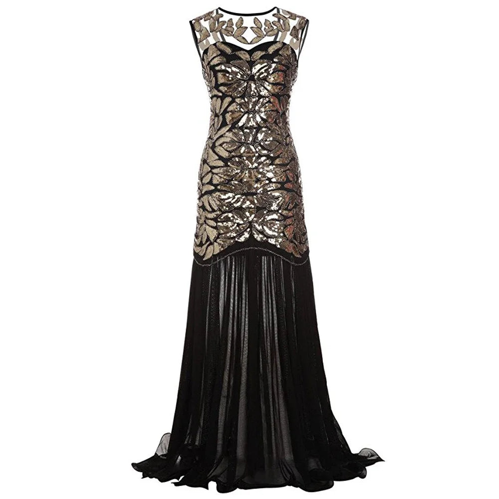 Women’s 1920s Great Gatsby Flapper Dress – Vintage V-Neck Sequin & Bead Long Mesh Maxi Party Prom Gown