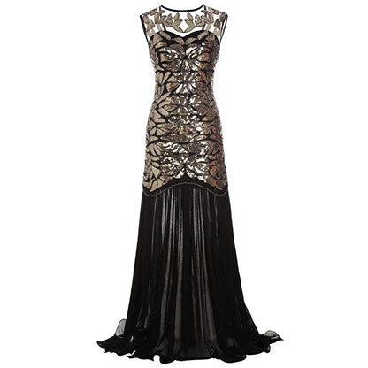 Women’s 1920s Great Gatsby Flapper Dress – Vintage V-Neck Sequin & Bead Long Mesh Maxi Party Prom Gown