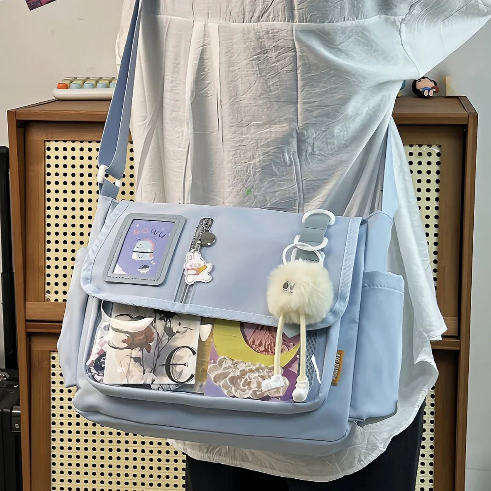 Y2K Japanese Harajuku School Bag — 2024 Transparent Itabag Crossbody for Teenage Girls with DIY Badge Display Plate