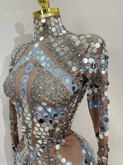 Sexy Shiny Silver Sequin & Black Spandex Jumpsuit — 2025 Women’s Prom, Dancer & Stage Performance Costume