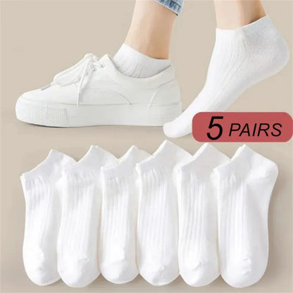 5 Pairs Women’s Ankle Socks Pack – 100% Cotton Invisible Low Cut Boat Socks, Sweat-Absorbing Breathable White Socks for Daily Wear