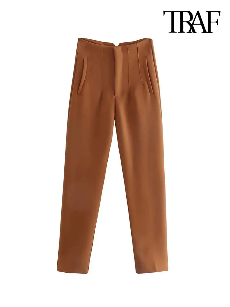 TRAF Women's Fashion Pants: Casual Basic Solid Vintage High Waist Zipper Fly Ankle Trousers with Pockets