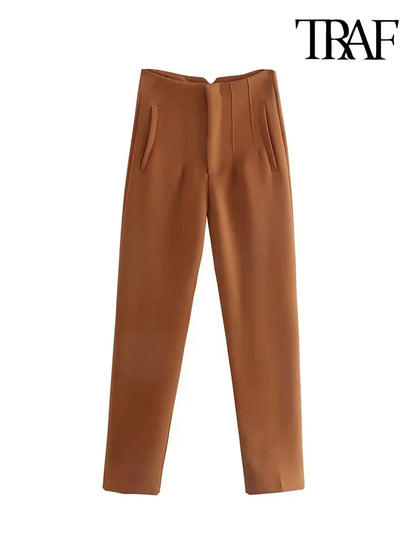 TRAF Women's Fashion Pants: Casual Basic Solid Vintage High Waist Zipper Fly Ankle Trousers with Pockets