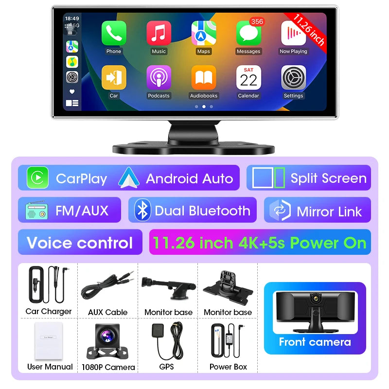11.26-inch 4K Car DVR Dash Cam – Dual Lens Wireless CarPlay & Android Auto, GPS Navigation, 5G WiFi, FM, AUX Video Recorder Monitor