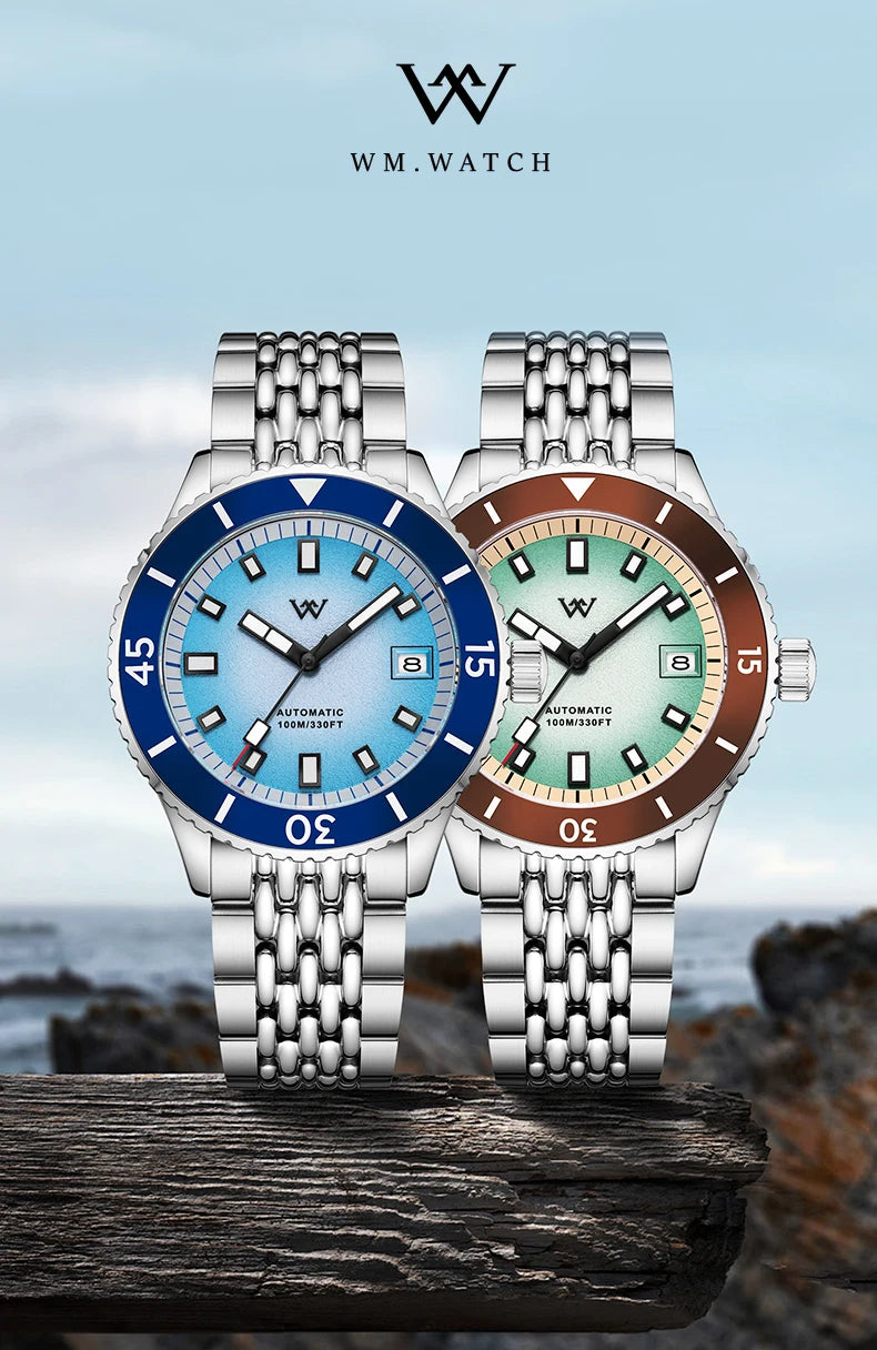 WM Welly Merck Automatic Mechanical Watch for Men — Sparkle Grain Gradient Dial, Ceramic Bezel, NH35, AR Coating, 100M WM212