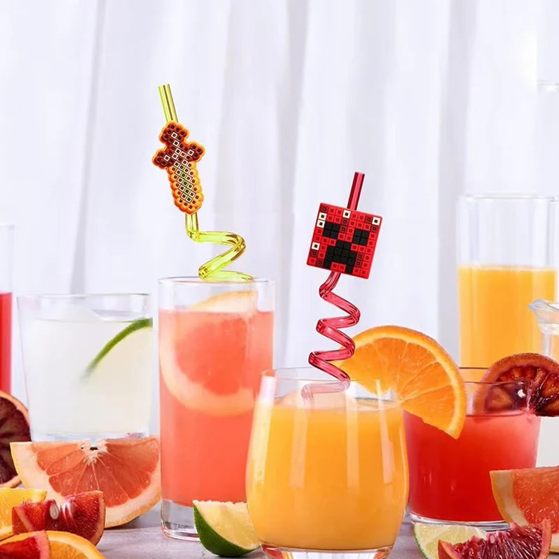 5PCS Pixel Spiral Reusable Drinking Straws – Fun Plastic Juice Straws for Kids Birthday Party Favors & Decorations