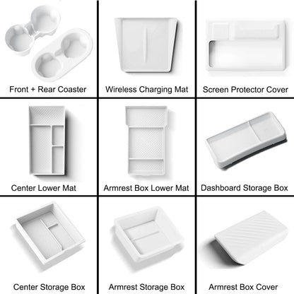 Tesla Model Y Juniper 2025 Center Console Armrest Organizer – Cup Holder & Storage Box Interior Upgrade Kit