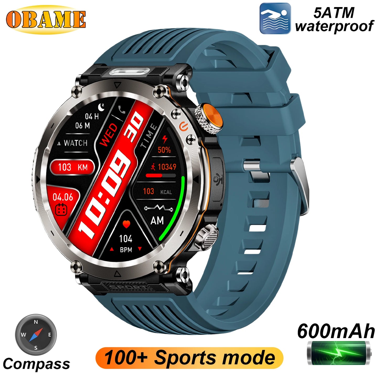 2025 5ATM Outdoor Smartwatch for Men – 600mAh Battery, LED Flashlight, Compass, Bluetooth Call, Heart Rate, IP68 Sports Watch