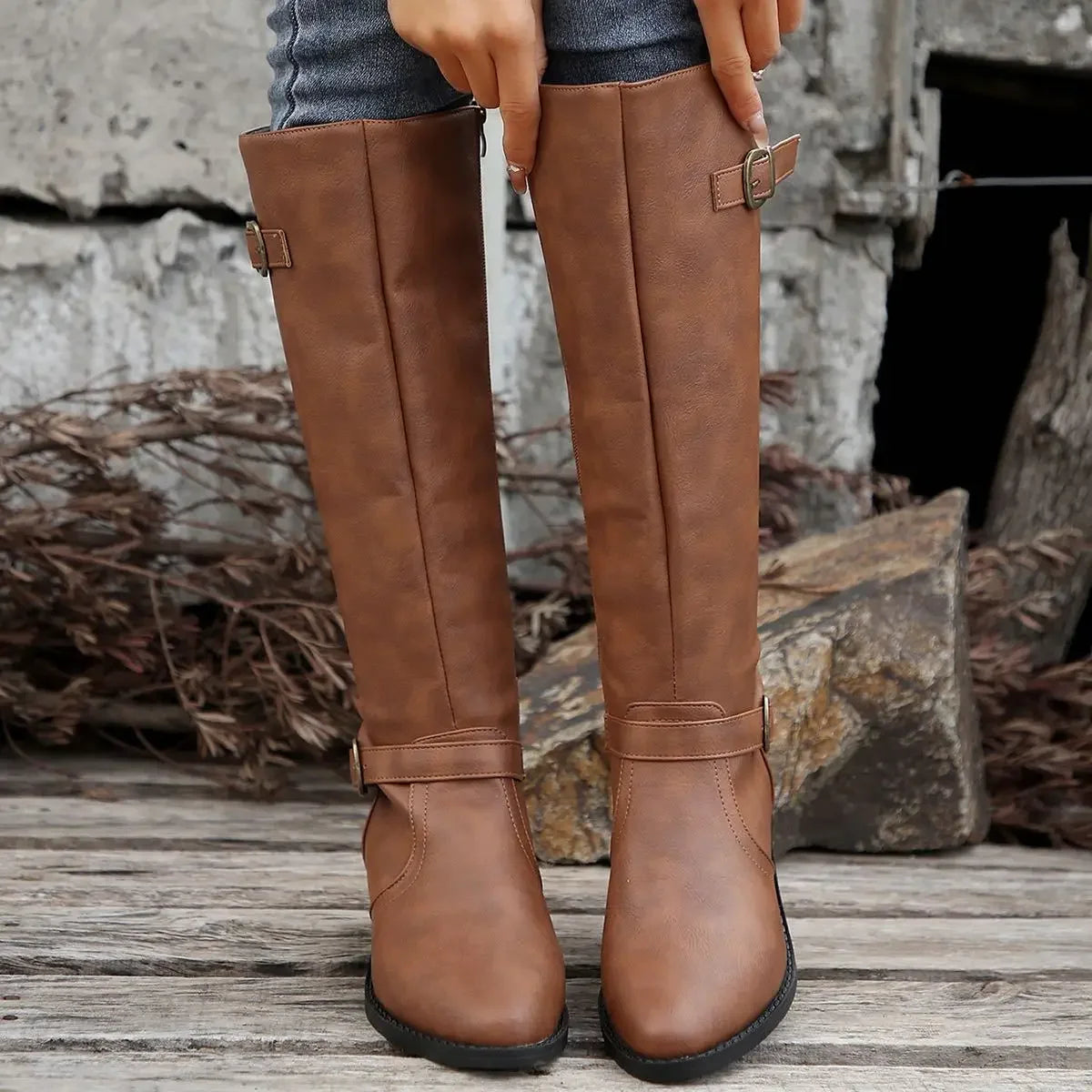 Women’s Winter High-Top Knight Boots – Side Zipper & Belt Buckle, Pointed Toe, PU Material with Cotton Lining
