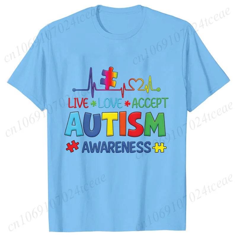 Women’s Live Love Accept Autism Awareness T-Shirt – Graphic Y2K Summer Top for Autism Awareness Month
