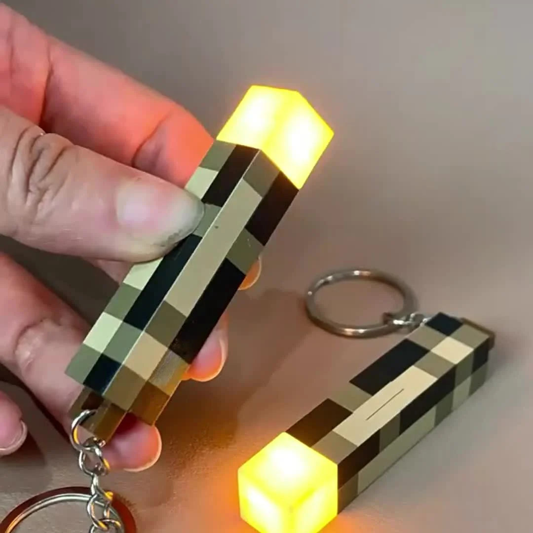 Glow-in-the-Dark Anime Gamer Keychain – Classic Torch Design with Pixelated Wooden Texture Plastic Pendant