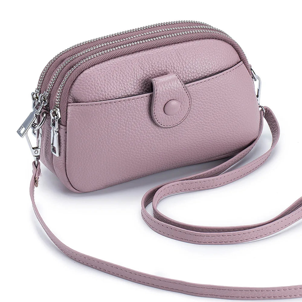 Real Leather Women’s Shoulder Bag - Mini Crossbody Purse with Three Zipper Pockets