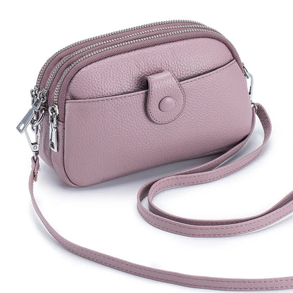 Real Leather Women’s Shoulder Bag - Mini Crossbody Purse with Three Zipper Pockets