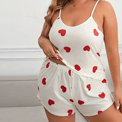 Plus Size Women’s Pajama Set — Sleeveless Heart Print Top & Elastic Waist Shorts, XL–XXXL Sleepwear Nightwear