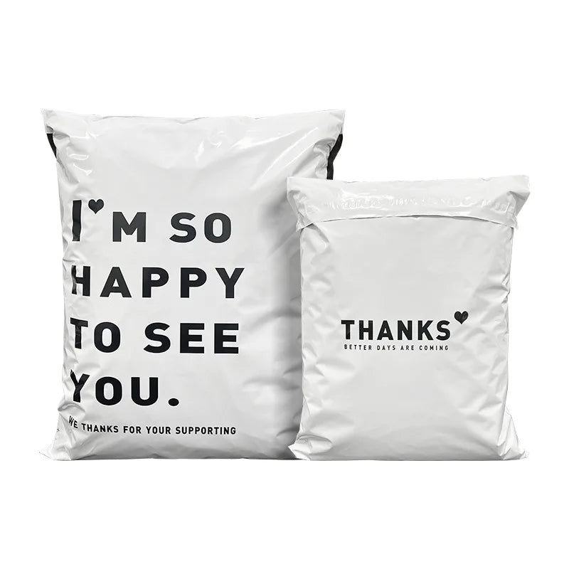 INPLUSTOP 50PCS White Thick Express Bags – Waterproof Clothing Packaging with "THANKS" Print, Courier Envelope Pouches