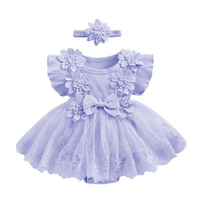 3D Flower Baby Girls’ Romper - Princess Mesh Lace Ruffle Bodysuit Dress with Headband