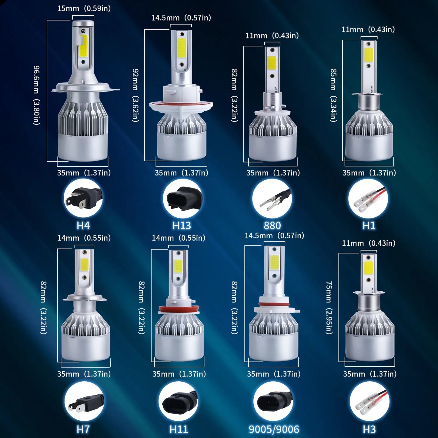 2x H7 LED Car Headlight Bulbs - H1, H3, H4, H8, HB1, HB3, HB4, H11, H13, H27, 9005, 9006, HIR2, 3000K, 6000K, 8000K COB C6 Car Lights