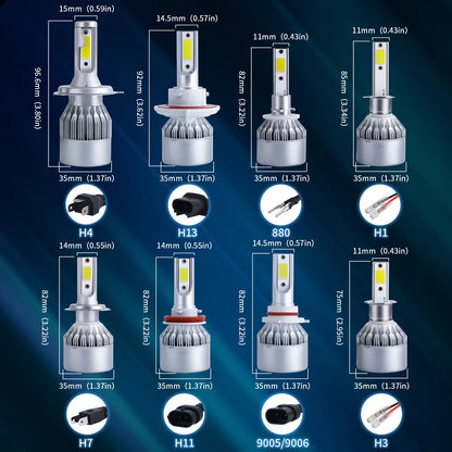 2x H7 LED Car Headlight Bulbs - H1, H3, H4, H8, HB1, HB3, HB4, H11, H13, H27, 9005, 9006, HIR2, 3000K, 6000K, 8000K COB C6 Car Lights