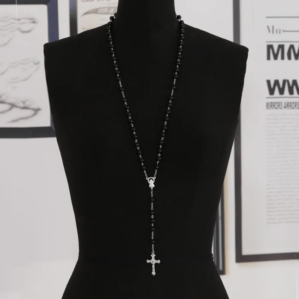 Rosary Beads Cross Necklace – Catholic Virgin Mary Pendant Chain Religious Jewelry Gift for Men & Women Prayer Charm