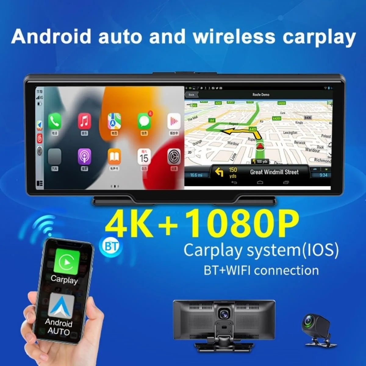 4K 10.26-Inch Dash Cam with Rearview Camera – WiFi CarPlay & Android Auto DVR, GPS Navigation, Dual Lens Mirror Recorder with AUX