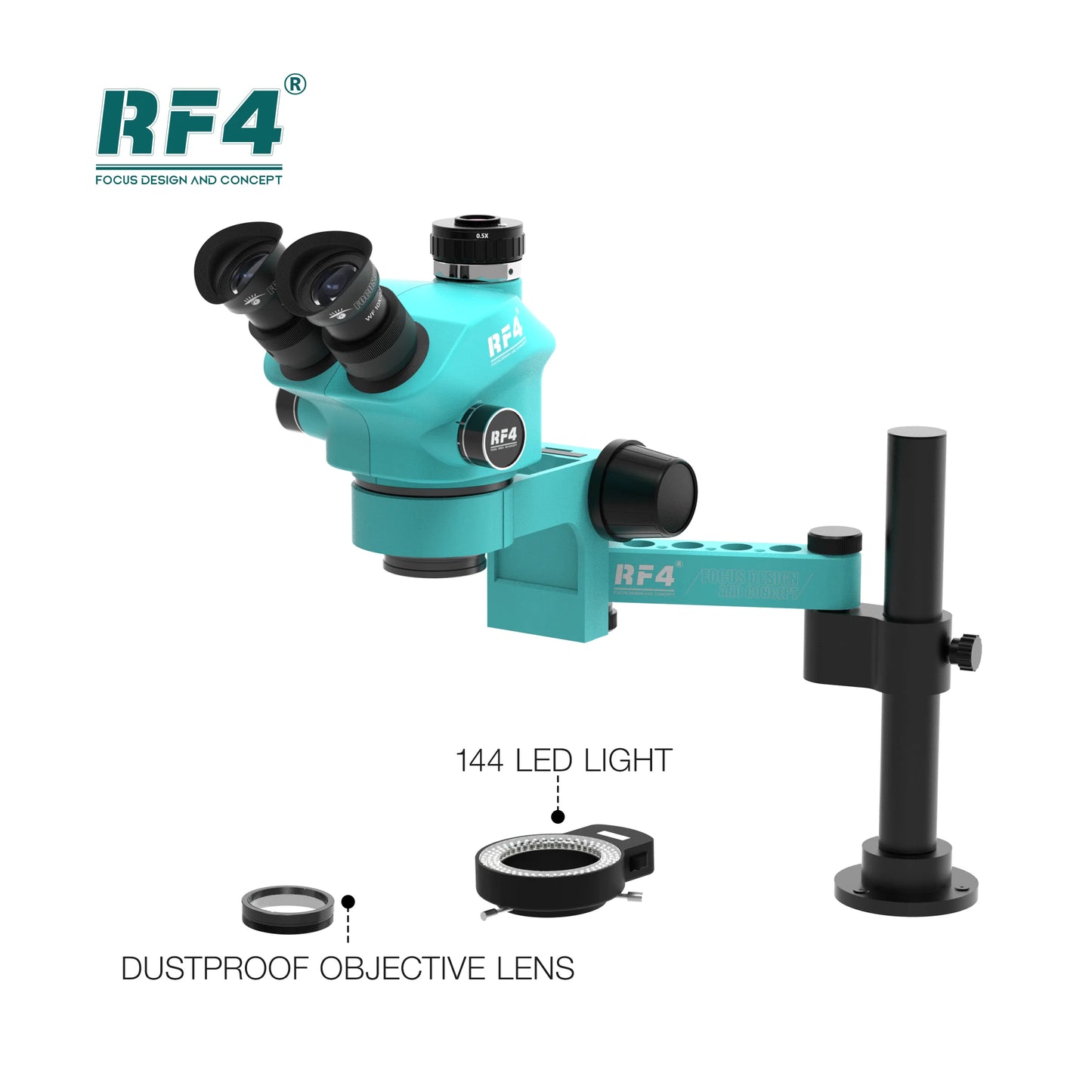 RF4 Trinocular Stereo Microscope Set – 360° Rotation Articulating Arm Stand, Phone Soldering & PCB Repair, Model RF7050TVPRO-F019