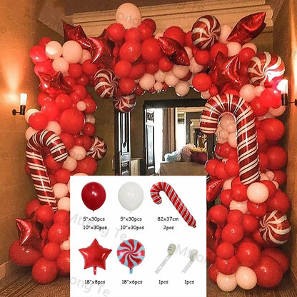 Christmas Balloon Garland Arch – Red & Green Balloons, Star, Santa, and Gift Box Foil Balloons for Xmas and New Year Decoration