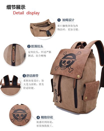 One Piece Anime Backpack – Kawaii Boys Canvas School Bag with Drawstring, Large Capacity Student Gift
