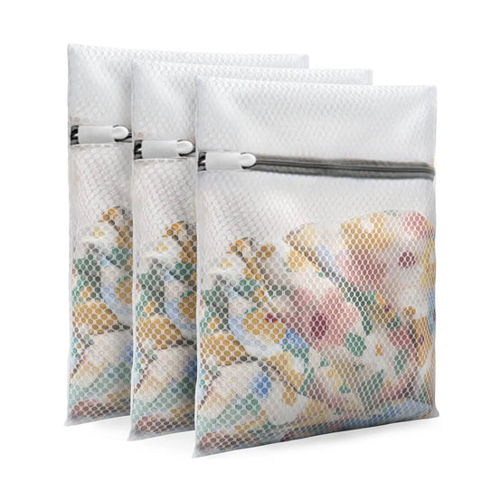 3-Piece Zippered Mesh Laundry Bags Set - Durable Polyester Coarse Net Wash Bags for Washing Machines, Ideal for Delicates and Bras