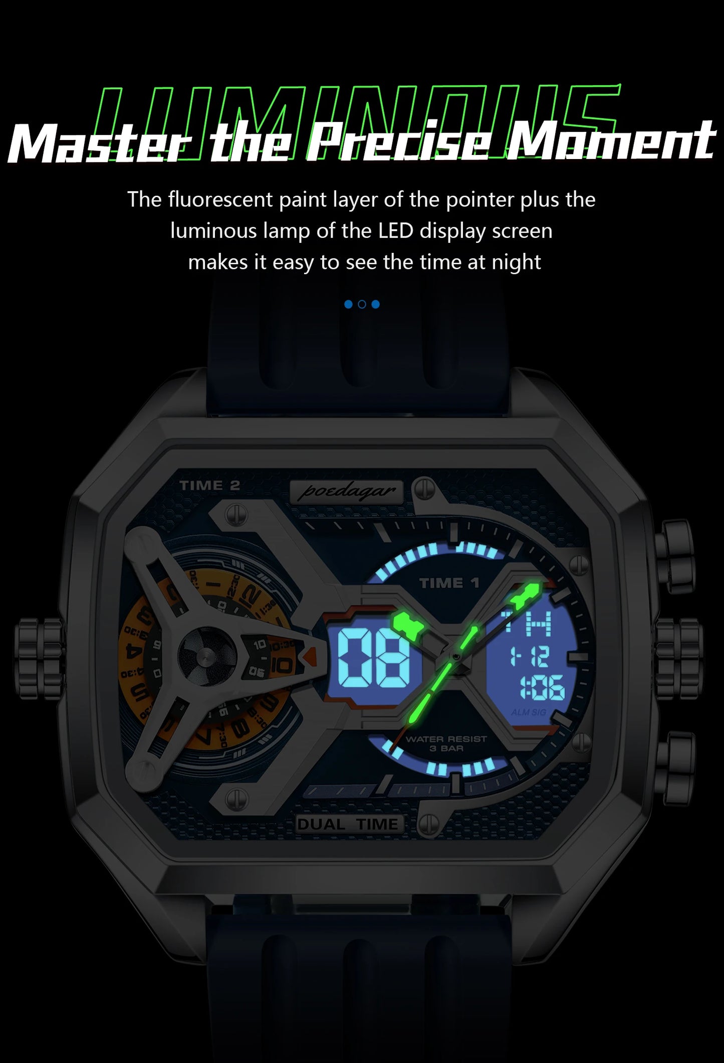 POEDAGAR Men's Luxury LED Wristwatch – Electronic Quartz Watch with Calendar, Week Display, Luminous Hands, and Silicone Strap