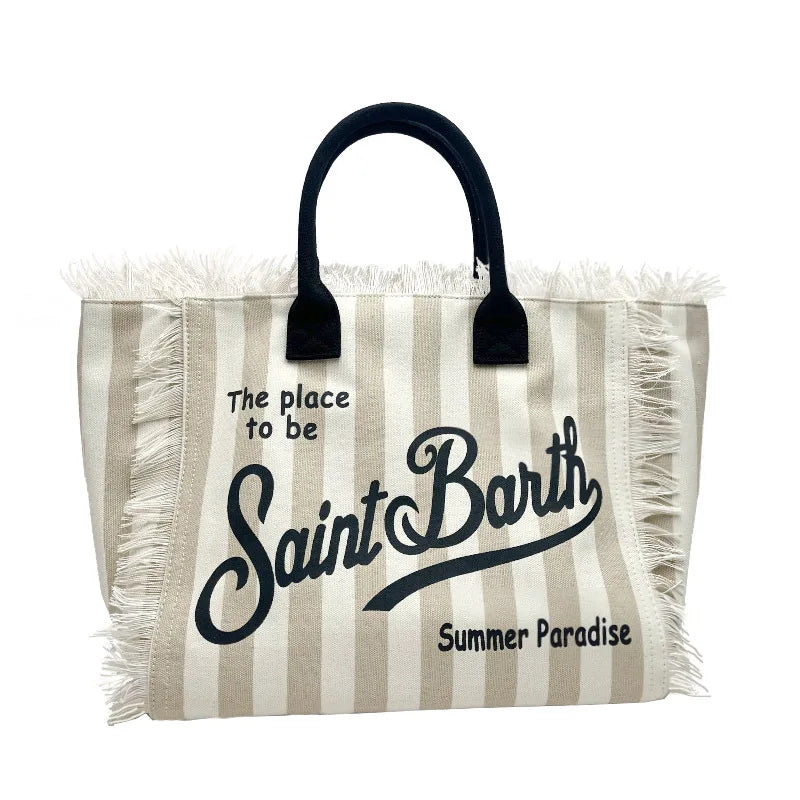 Saint Barth Large Capacity Women's Beach Handbag – European & American Style, Deep Blue Striped Tassel Tote