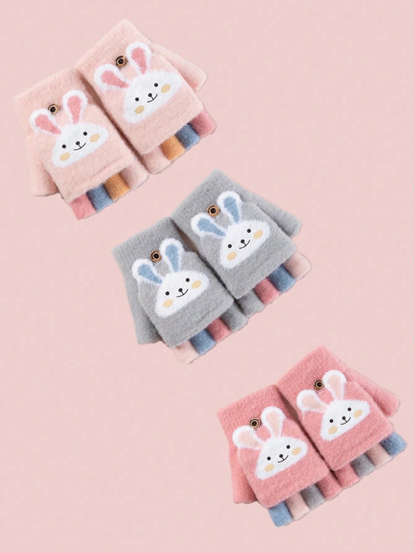 Half-Finger Gloves with Flip-Top Cover - Girls’ Winter Rabbit Fleece Gloves for Writing, Warm Cotton Handwear
