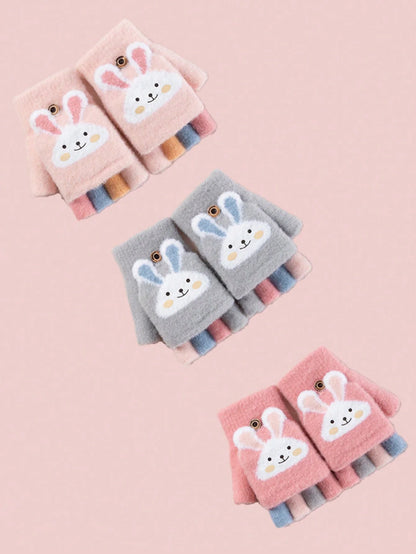 Half-Finger Gloves with Flip-Top Cover - Girls’ Winter Rabbit Fleece Gloves for Writing, Warm Cotton Handwear
