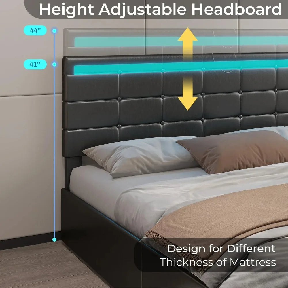 LED Full Size Bed Frame – Upholstered Platform Bed with Light-Up Headboard & Footboard, Square Stitched Tufted Design