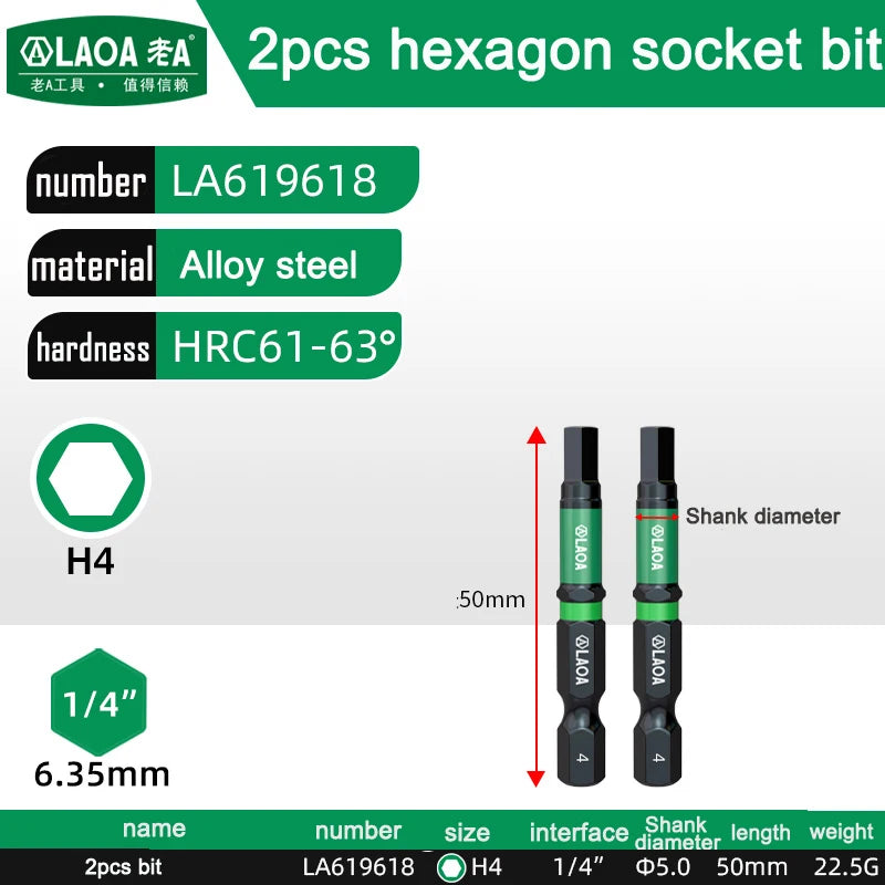 LAOA 2-Piece Alloy Steel Magnetic Impact Driver Bits - Impact-Resistant Cross & Hex Socket Bits