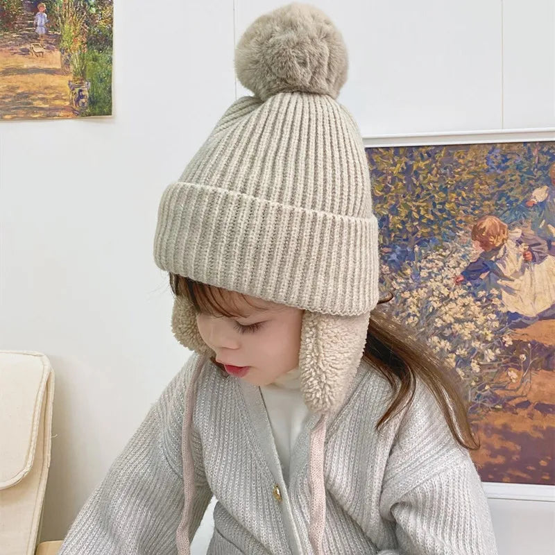 Winter Baby Beanie Hat with Pompom & Earflaps – Thick Wool Plush Knitted Cap for Girls & Boys, Ages 2-8T