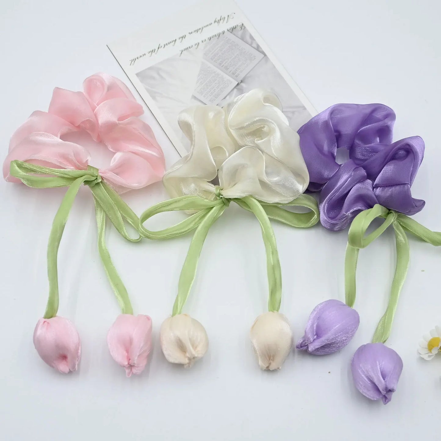 3PCS Tulip Flower Scrunchies - Sweet Elastic Hair Ties for Women, Large Hair Ropes & Stylish Accessories