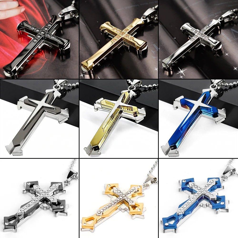2025 Cross Pendant Necklace for Men – Zircon Black Gold Stainless Steel Hip Hop Punk Chain Jewelry, Simple Cool Fashion Gift