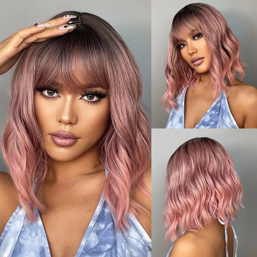 Women’s Grey Wavy Bob Wig with Bangs — Short Blonde Ombre Synthetic Hair with Dark Roots for Daily Wear