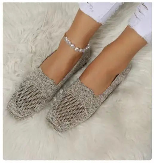 Solid Color Square Toe Mesh Loafers – Women’s Casual Slip-On Ballet Flats, Soft Bottom Knit Boat Shoes