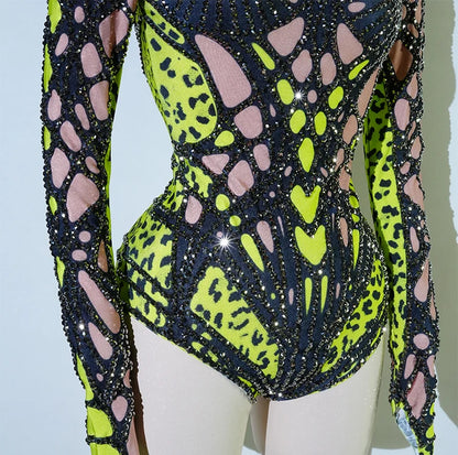 Sexy Sparkly Green Rhinestone Bodysuit – Stage Dance Costume for Party, Bar Show, Drag Queen, Cosplay & Halloween
